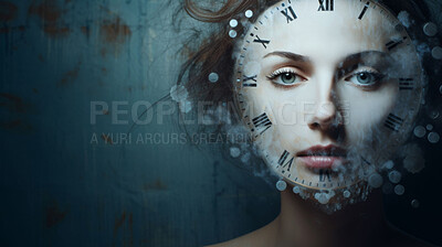 Art, portrait and woman with clock for makeup, anti aging cosmetics and space on studio background. Time, abstract and surreal face of girl with age reversal dermatology, beauty and skincare mockup