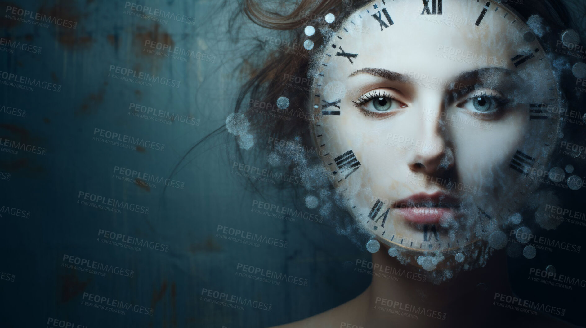 Buy stock photo Art, portrait and woman with clock for makeup, anti aging cosmetics and space on studio background. Time, abstract and surreal face of girl with age reversal dermatology, beauty and skincare mockup