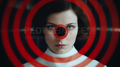 Bullseye, serious and portrait of woman in studio for beauty, cosmetics and skincare mockup. Dermatology, creative aesthetic and face of person with circle, spiral and target on dark background