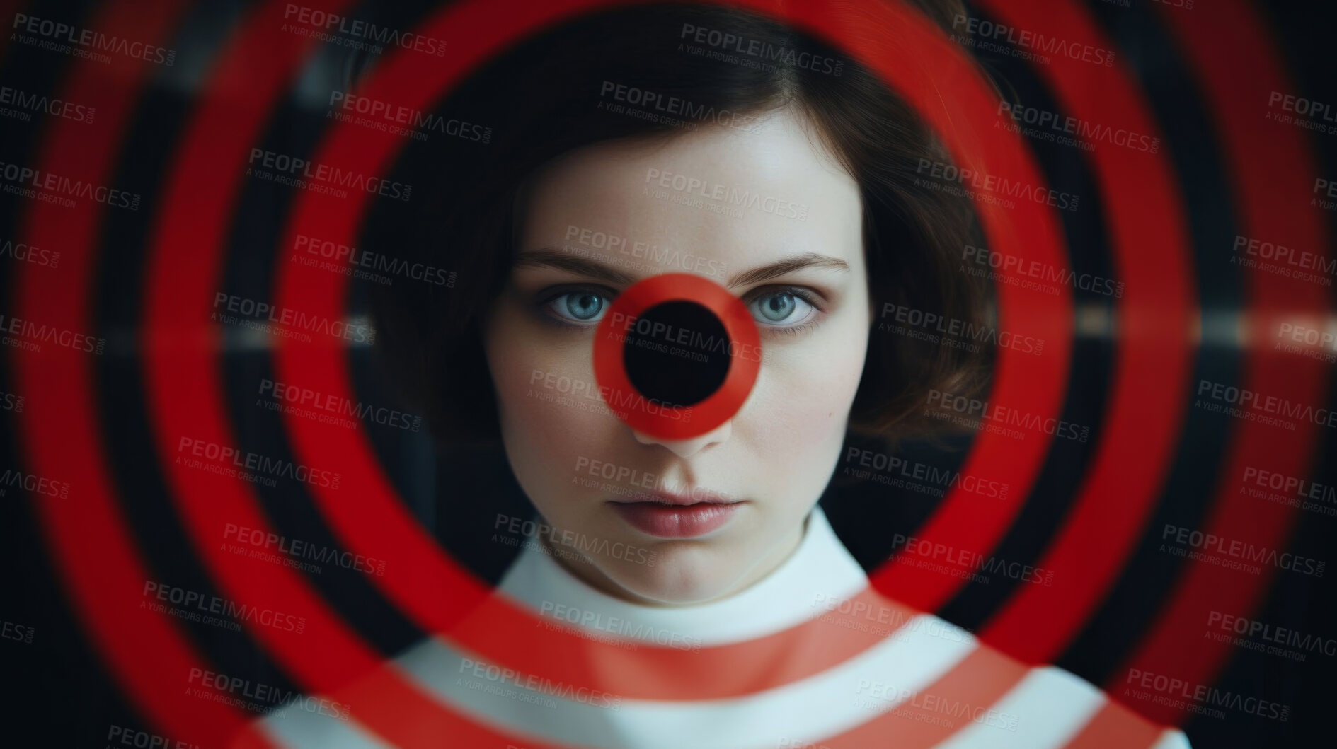 Buy stock photo Bullseye, serious and portrait of woman in studio for beauty, cosmetics and skincare mockup. Dermatology, creative aesthetic and face of person with circle, spiral and target on dark background