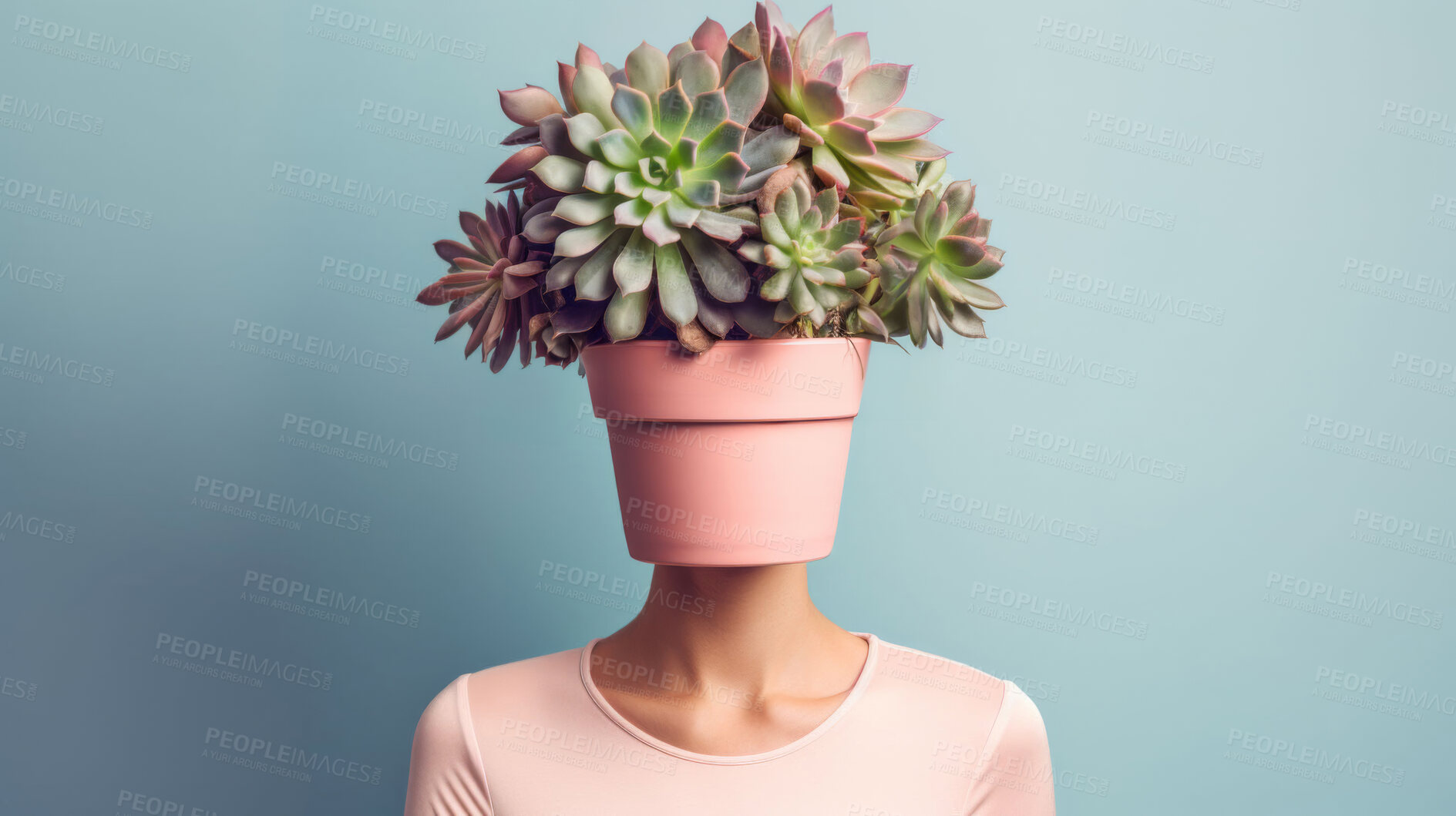 Buy stock photo Abstract, art and head of woman with plant for mental health, depression and floral pot in studio. Contemporary, person and succulent on face for sustainability, growth and creative development