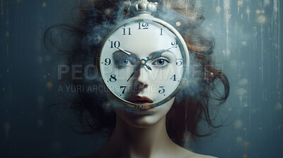Art, portrait and woman with clock for beauty, anti aging cosmetics and overlay with studio background. Time, abstract and surreal face of girl with age reversal dermatology, longevity and skincare