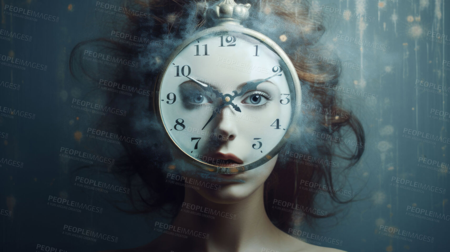 Buy stock photo Art, portrait and woman with clock for beauty, anti aging cosmetics and overlay with studio background. Time, abstract and surreal face of girl with age reversal dermatology, longevity and skincare