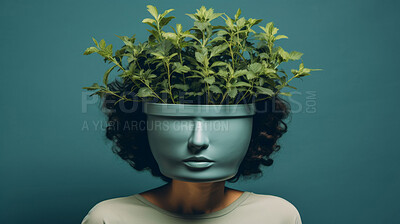 Buy stock photo Contemporary, art and head of person with plant for mental health, nature and floral bloom. Studio, woman and pot on face with green leaves for growth, sustainability and creative abstract background