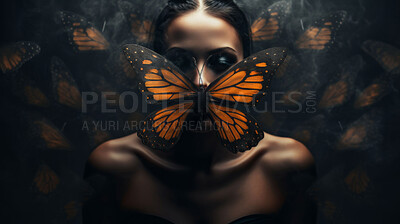 Buy stock photo Woman, studio and butterfly on face for art or fashion with creative elegance for beauty and wings. Person, monarch or human for nature artwork or inspiration, fantasy and transformation background