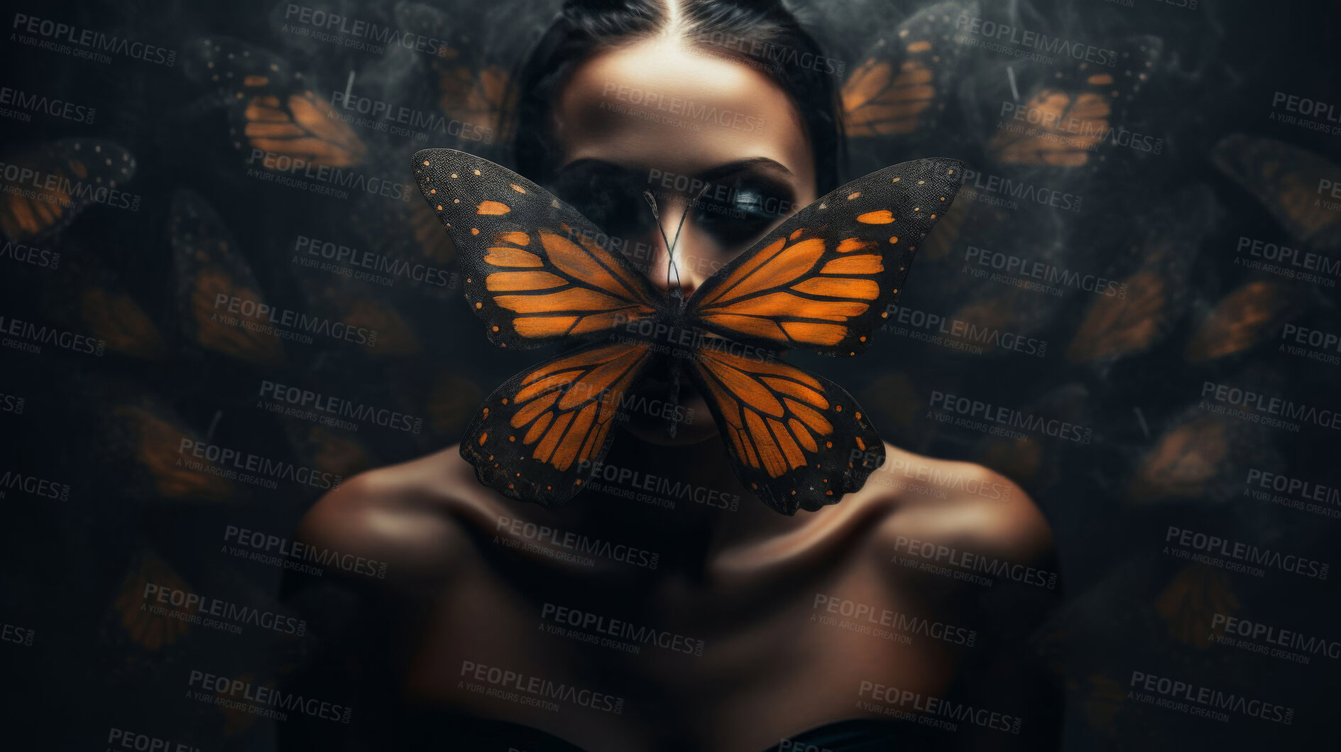 Buy stock photo Woman, studio and butterfly on face for art or fashion with creative elegance for beauty and wings. Person, monarch or human for nature artwork or inspiration, fantasy and transformation background