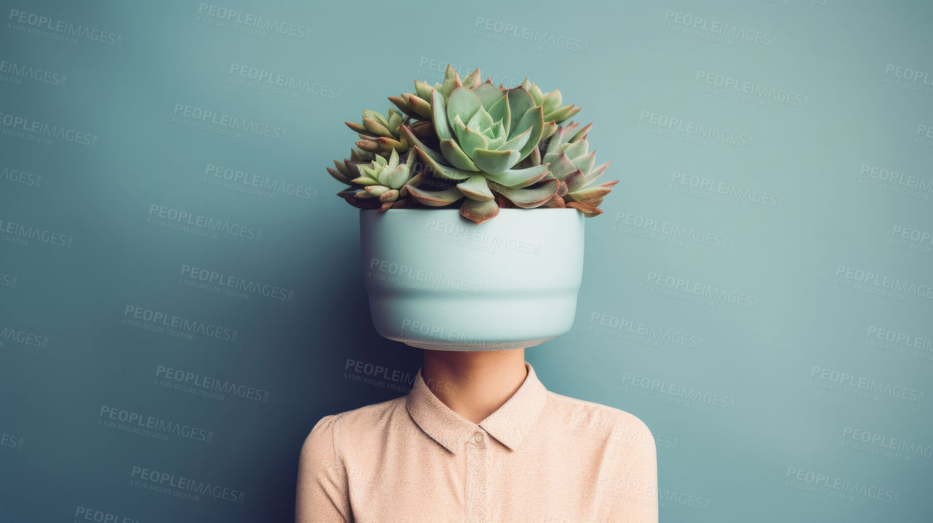 Buy stock photo Plant, growth or person in studio with succulent for small business, idea or sustainability on blue background. Earth day, art or creative model thinking green behind aloe vera for sustainable living