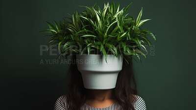 Abstract, art and head of person with plant for mental health, depression and floral bloom. Studio, woman and pot on face with green leaves for creative growth, beginning and eco sustainability