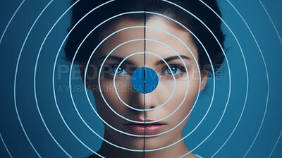 Bullseye, beauty and portrait of woman in studio for wellness, cosmetics and skincare mockup. Dermatology, creative aesthetic and face of person with circle, spiral and pattern on blue background