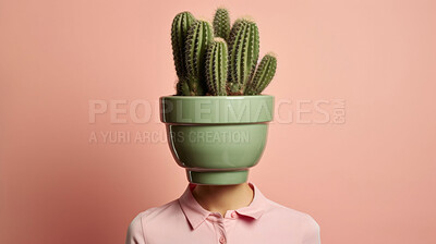 Plant, growth or man in studio with cactus for small business, idea or sustainability on plain background. Natural, art or model thinking green behind succulent for sustainable living or earth day