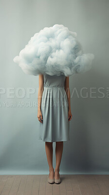 Person, head in clouds and thinking with ideas, brainstorming and inspiration abstract with grey background. Innovation, vision and thought process, mind or brain fog with surreal aesthetic in studio