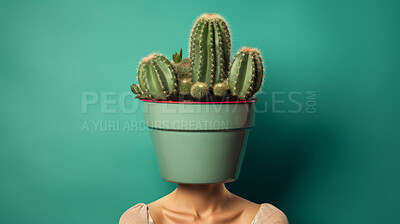 Plant, growth or woman in studio with cactus for small business, idea or sustainability on plain background. Natural, art or model thinking green behind succulent for sustainable living or earth day