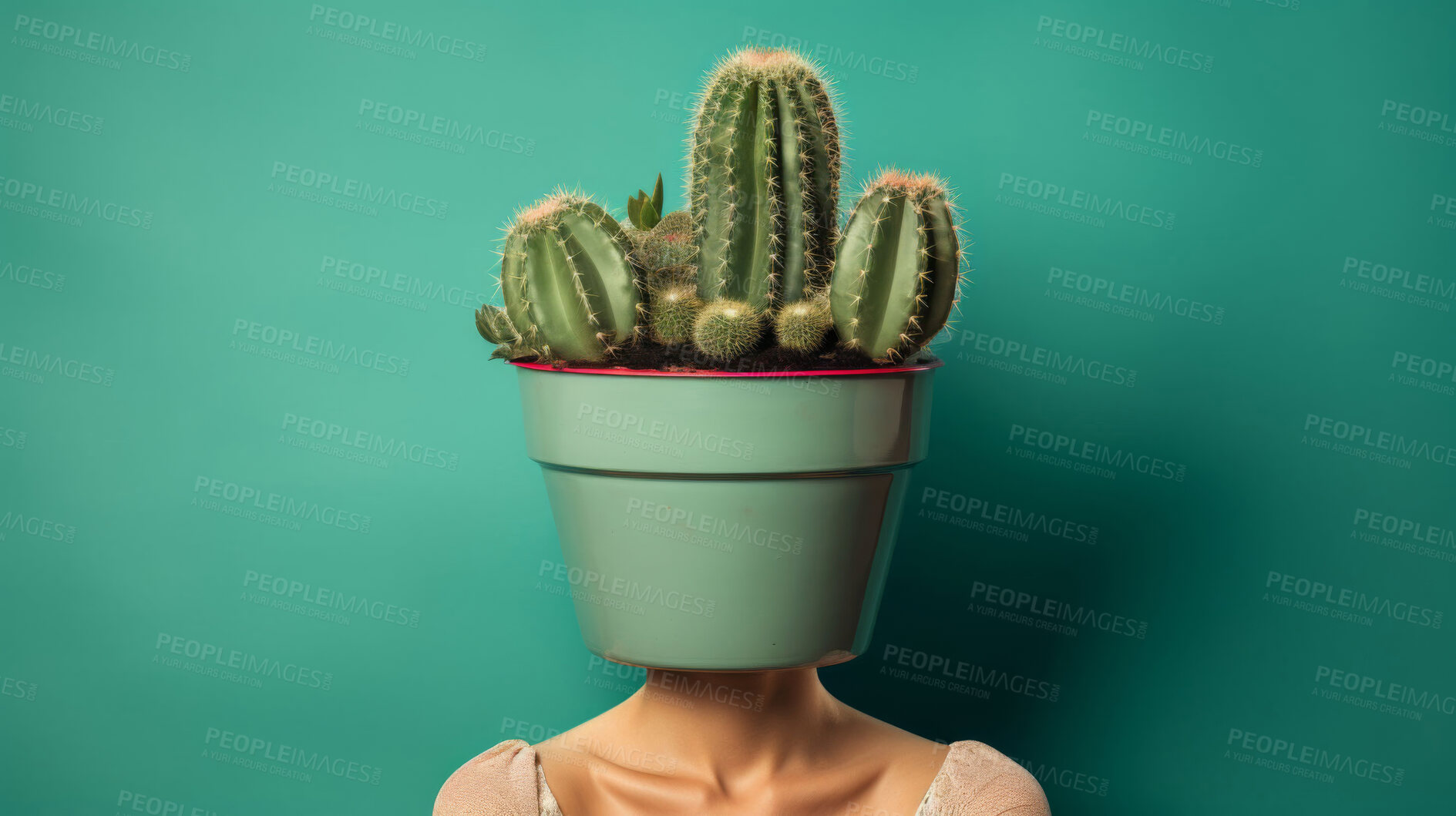 Buy stock photo Plant, growth or woman in studio with cactus for small business, idea or sustainability on plain background. Natural, art or model thinking green behind succulent for sustainable living or earth day