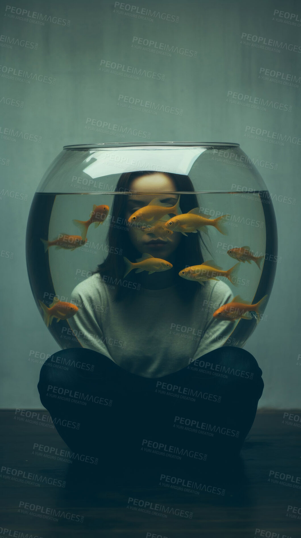 Buy stock photo Fishbowl, head and person with depression, memory or anxiety for mental health awareness in surreal art. A goldfish tank covering face for psychology, drowning and bad thoughts, mind or life crisis