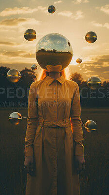 Buy stock photo Person, futuristic and art head or surreal creativity on nature land with stylish fashion, glass sphere or science fiction. Woman, ball and cyborg in dress on countryside field, abstract or sunset