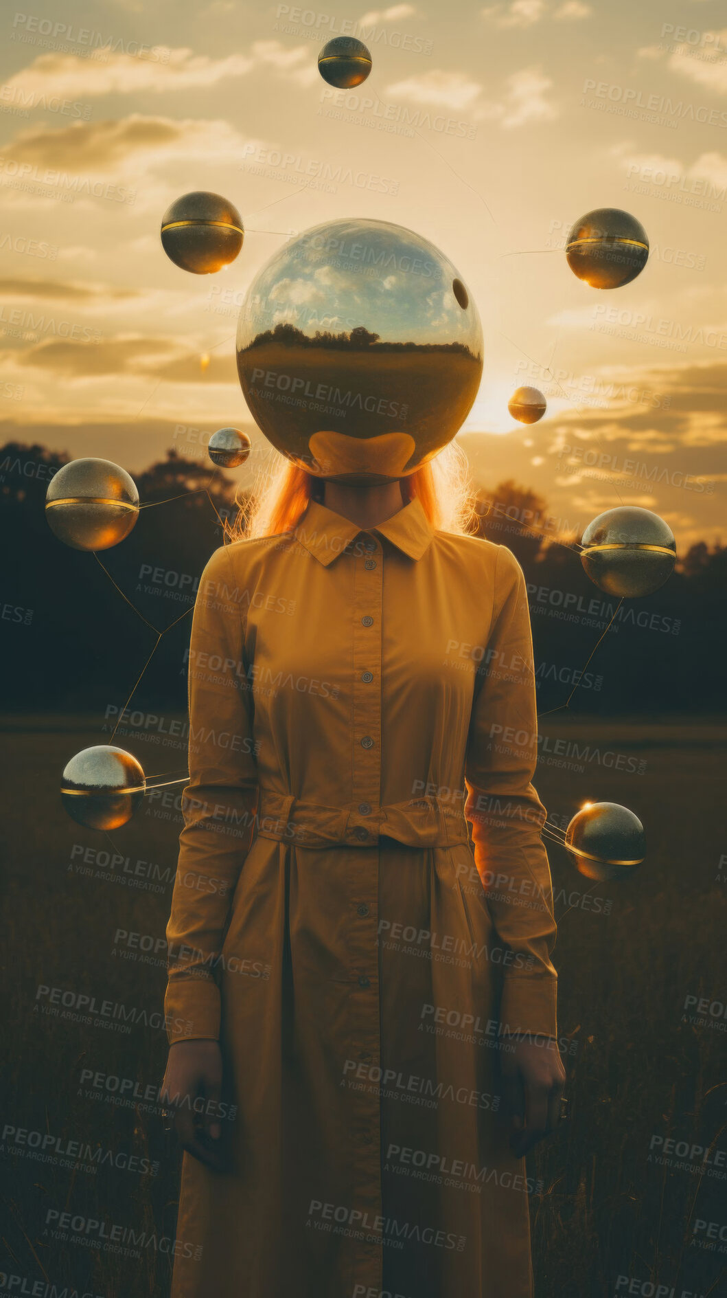 Buy stock photo Person, futuristic and art head or surreal creativity on nature land with stylish fashion, glass sphere or science fiction. Woman, ball and cyborg in dress on countryside field, abstract or sunset