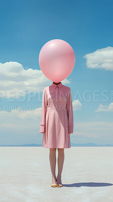 Buy stock photo Blue sky, art and head of woman with balloon abstract with trendy, stylish and elegant fashion. Creative, surreal and female person face with party decoration for classy style outdoor with clouds.