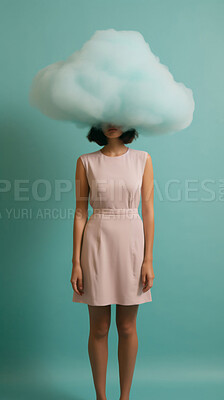 Woman, studio and head in clouds for depression brain fog or mind brainstorming, mental health or blue background. Female person, lonely and forgetful thought with mockup space, confusion or negative