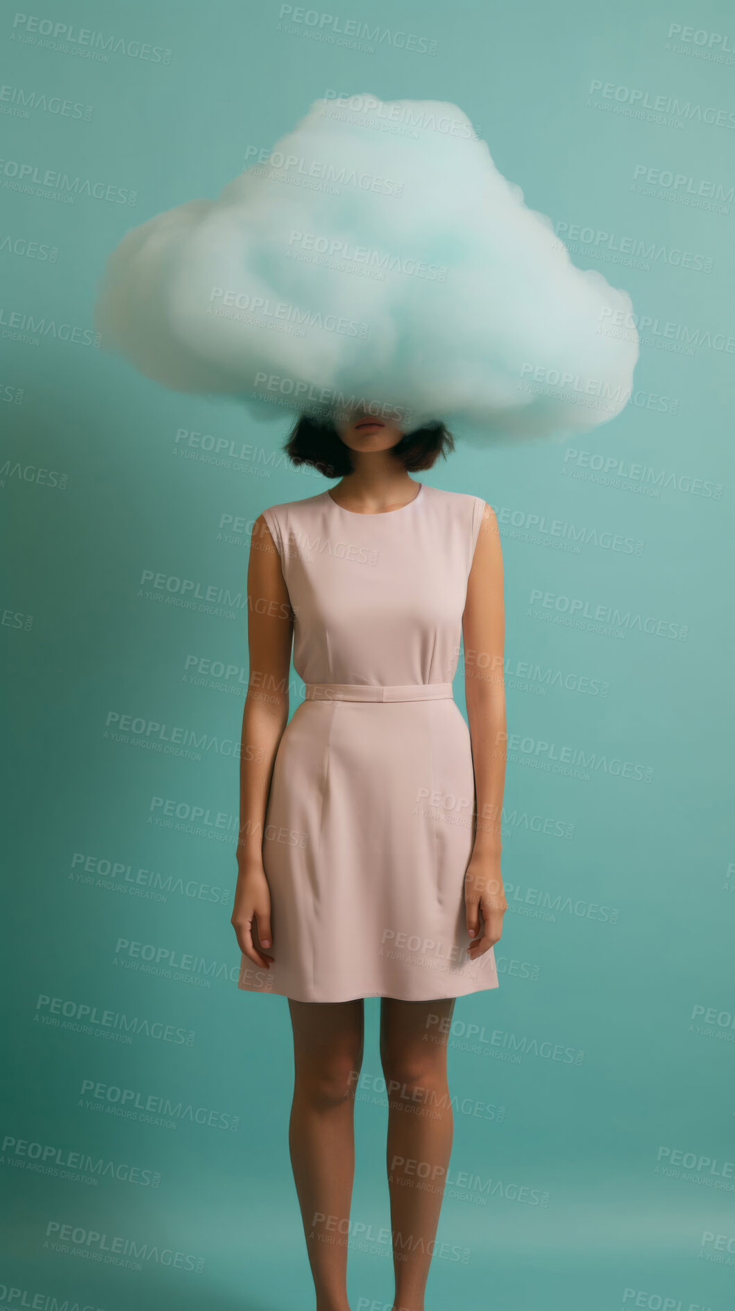 Buy stock photo Woman, studio and head in clouds for depression brain fog or mind brainstorming, mental health or blue background. Female person, lonely and forgetful thought with mockup space, confusion or negative