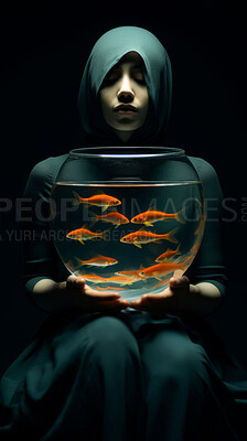 Buy stock photo Studio, woman and water with goldfish in bowl for growth, good fortune and ecology on black background. Sorceress person, art and abstract with animal in tank for witchcraft, creative and magic