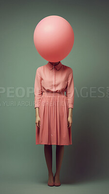 Buy stock photo Abstract, art and head of woman with balloon in studio with trendy, stylish and elegant fashion. Creative, surreal and female person face with party decoration for classy style by gray background.