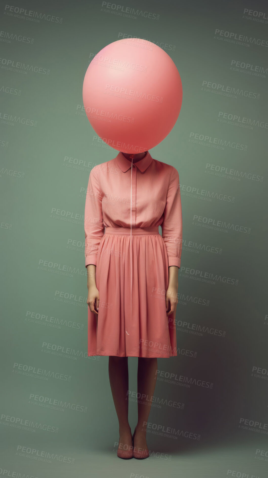 Buy stock photo Abstract, art and head of woman with balloon in studio with trendy, stylish and elegant fashion. Creative, surreal and female person face with party decoration for classy style by gray background.