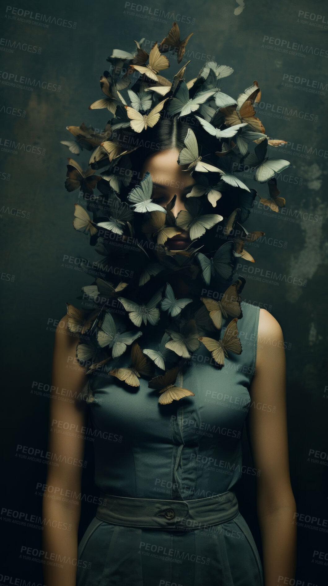 Buy stock photo Woman, art and butterfly on head in studio for creative growth, nature aesthetic and vintage fashion. Person, insect and face for hybrid transformation, fantasy and rebirth with dark background 