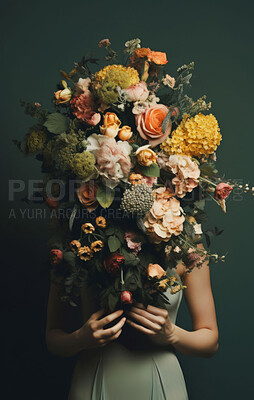 Buy stock photo Person, flower with bouquet and covering face for Spring blossom, botanic and nature for gift on green background. Floral arrangement, bloom with natural abstract or aesthetic, sustainability and eco