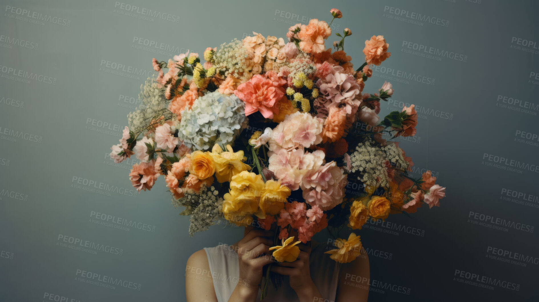 Buy stock photo Person, flower with bouquet and cover face for Spring blossom, botanic and nature for gift on grey background. Floral arrangement, bloom with natural abstract or aesthetic, sustainability and eco