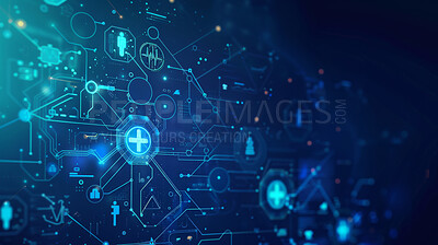 Buy stock photo Healthcare, technology and hologram with digital pattern, icons or advanced medical algorithm for transformation. Lines, link or nodes with AI for futuristic software, cyber or clinical interface