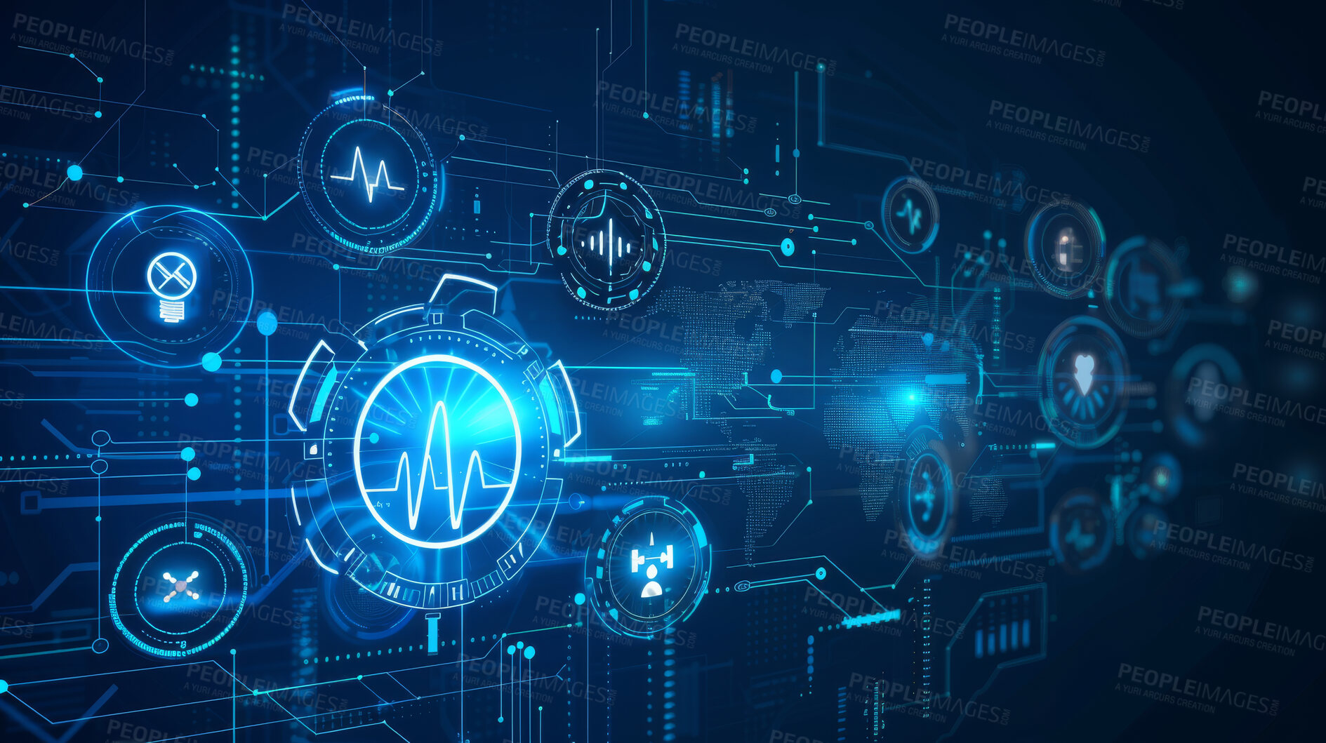 Buy stock photo Health database, hologram and data with technology, future and digital transformation with scifi on blue background. Lines, pattern and medical software with AI, healthcare and metaverse with UI