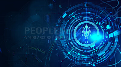 Buy stock photo Healthcare database, hologram and future technology with data, scifi and digital transformation on blue background. Metaverse, science and medical software with AI, body scan and health innovation