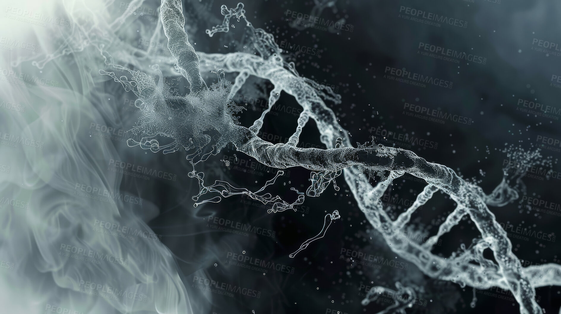 Buy stock photo Dna, string and stem for genetic mutation in science with futuristic development in biology. Double, helix and nucleotide  with cells or rna for virus or disease on research, molecules or biomolecule