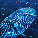 Fingerprint, pattern and information for big data in software to capture with technology, futuristic and biometric. Electronic, identify and science for security or access with process and visual