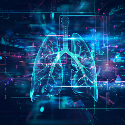 Buy stock photo Lungs, healthcare and technology with 3D hologram on screen for innovation, research or science. Computer, interface and organs with medical dashboard on display for futuristic study of breathing