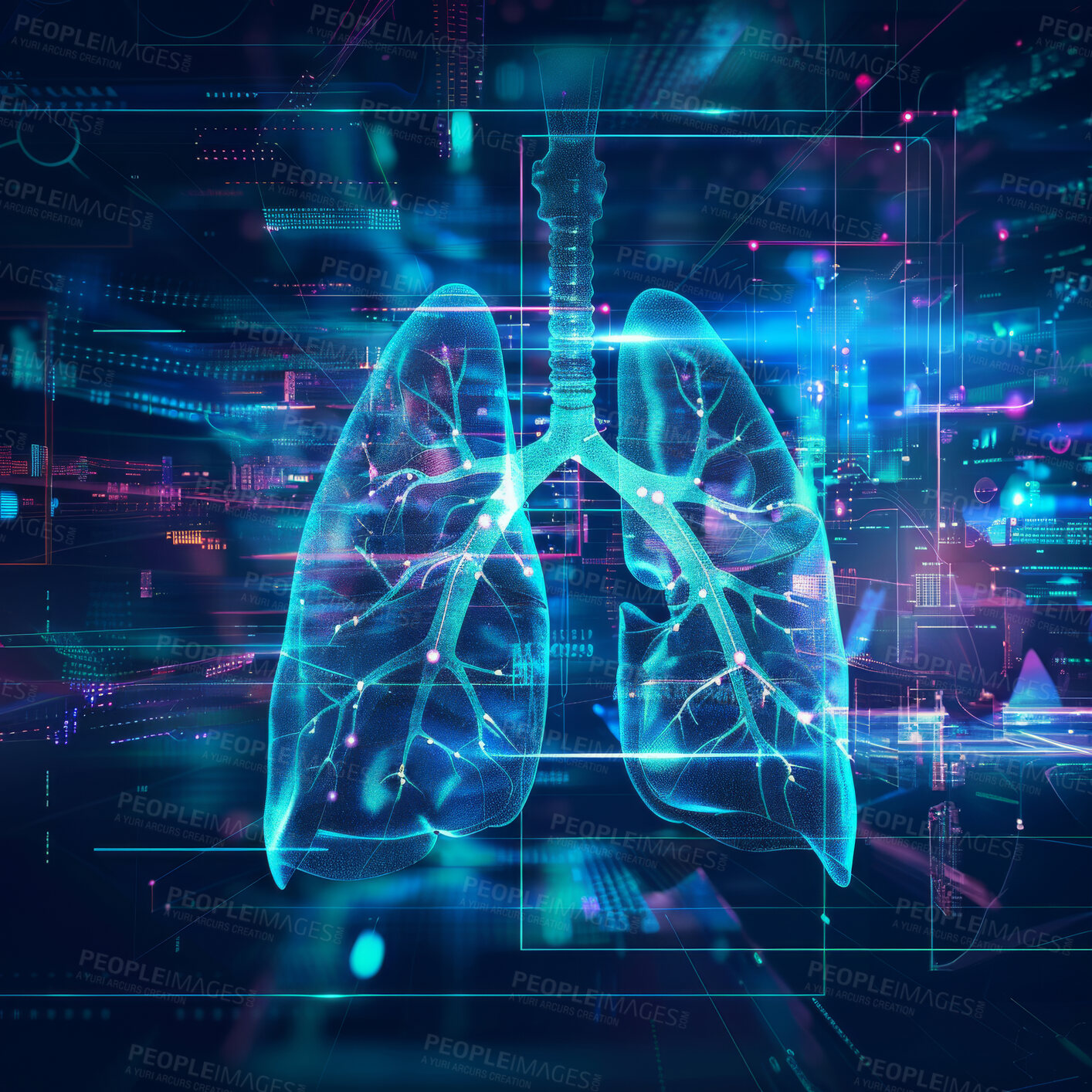 Buy stock photo Lungs, healthcare and technology with 3D hologram on screen for innovation, research or science. Computer, interface and organs with medical dashboard on display for futuristic study of breathing