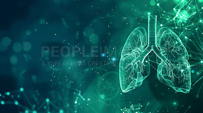 Buy stock photo Futuristic, human lungs and medical with healthcare, innovation and respiratory system with diagram. Breathing, lights and bokeh with bronchi branch and tubes with oxygen and illustration of organs