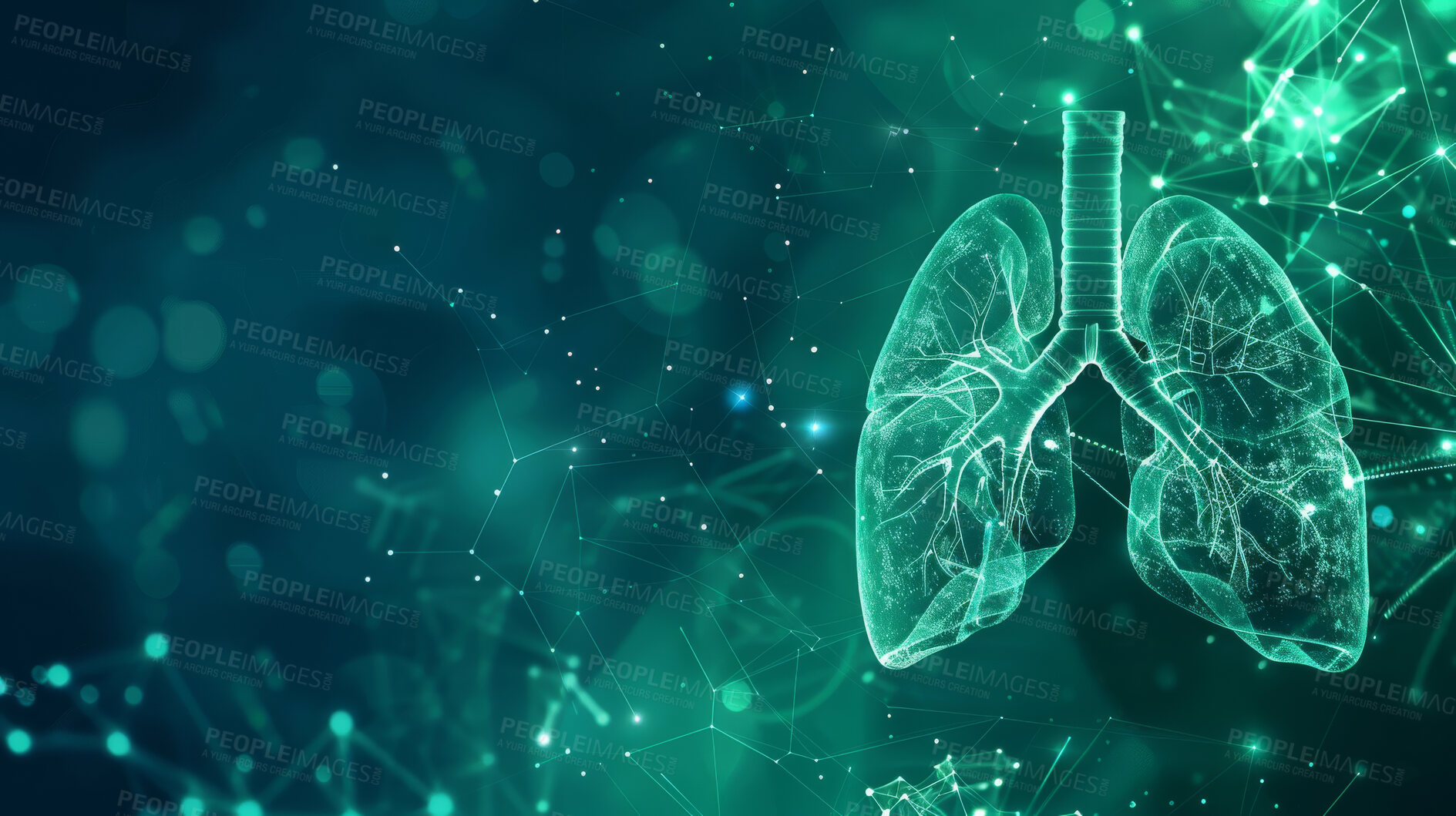 Buy stock photo Futuristic, human lungs and medical with healthcare, innovation and respiratory system with diagram. Breathing, lights and bokeh with bronchi branch and tubes with oxygen and illustration of organs