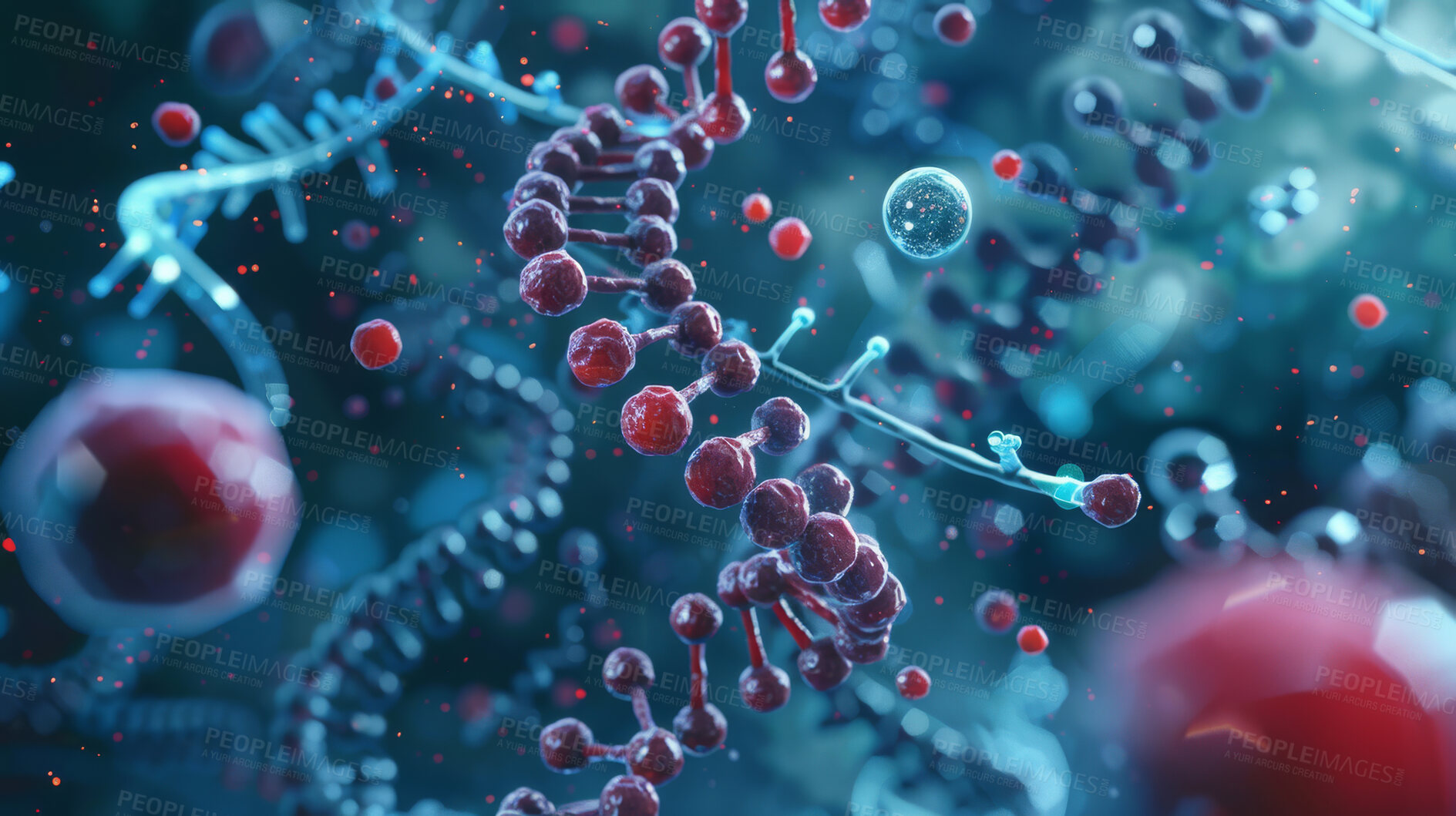 Buy stock photo Double, helix and stem for science or biology development, nucleric acids of dna or rna and genetic code and transcription. Nucleotide, sequence and biomolecules with spiral or molecules to connect.