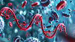 Virus, red cells and dna with rna for biology development or activating genectic code with research for gene therapy. Protein synthesis, epigenetics and mutations with disorders or chromosomes.