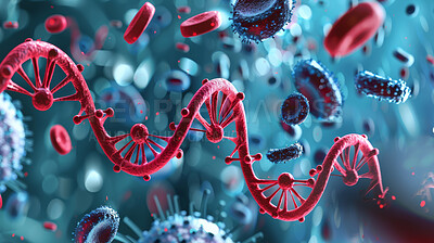 Buy stock photo Virus, red cells and dna with rna for biology development or activating genectic code with research for gene therapy. Protein synthesis, epigenetics and mutations with disorders or chromosomes.