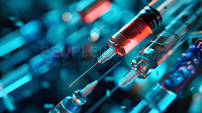 Buy stock photo Syringe, drugs and medicine for vaccination, healthcare and wellness for longevity. Abstract, needle and prescription medication for nanomedicine, reprogramming or antiaging for lifespan extension