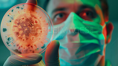 Buy stock photo Medicine, science sample and man in laboratory to research virus with breakthrough or innovation. Healthcare, medical or pathology with scientist in lab to study or test bacteria specimen for biology