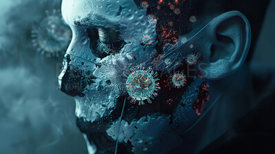 Buy stock photo Human, skull and virus with infection, danger and illness for covid outbreak and death. Person, sickness and bone with deadly contagion, bacterial anatomy and pandemic fear or medical horror