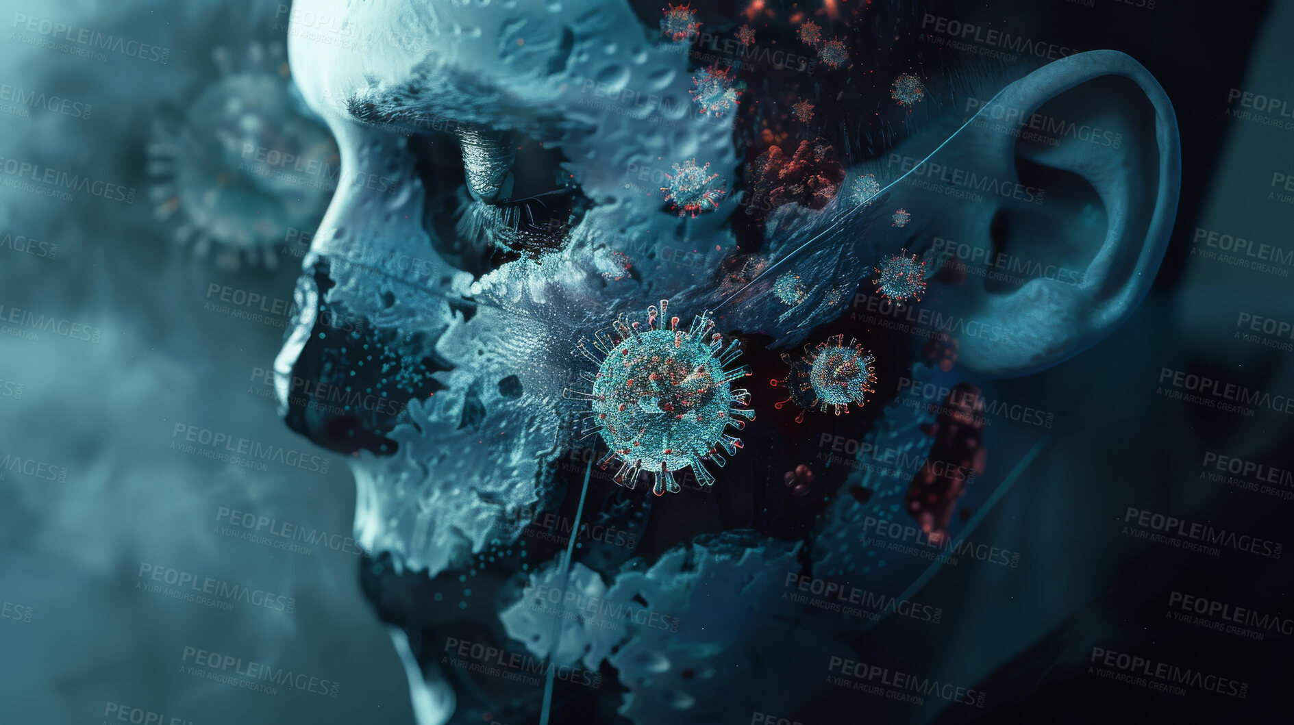 Buy stock photo Human, skull and virus with infection, danger and illness for covid outbreak and death. Person, sickness and bone with deadly contagion, bacterial anatomy and pandemic fear or medical horror