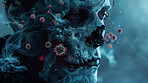 Human, skull and virus with illness, danger and sickness for covid outbreak and death. Person, infection and bone with deadly contagion, bacterial anatomy and pandemic fear or medical horror