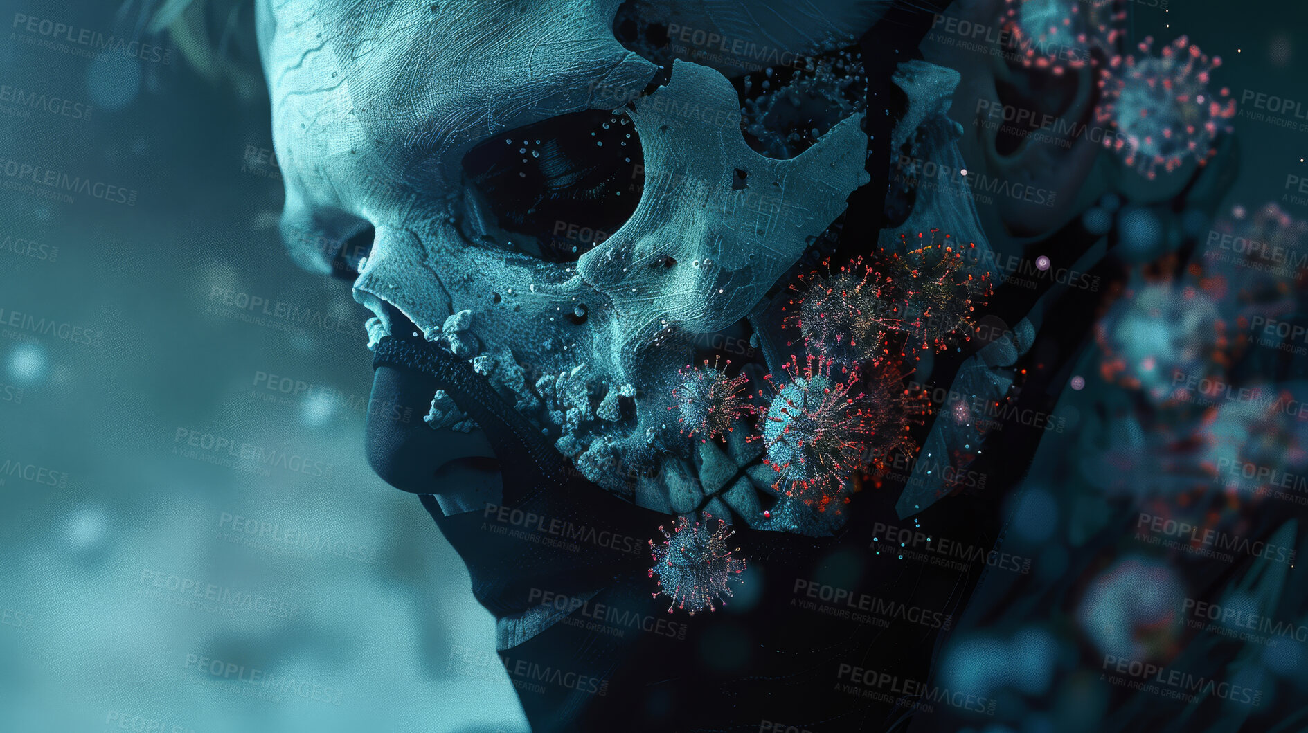 Buy stock photo Human, skull and virus with sickness, danger and illness for covid outbreak and death. Person, infection and bone with deadly contagion, bacterial anatomy and pandemic fear or medical horror