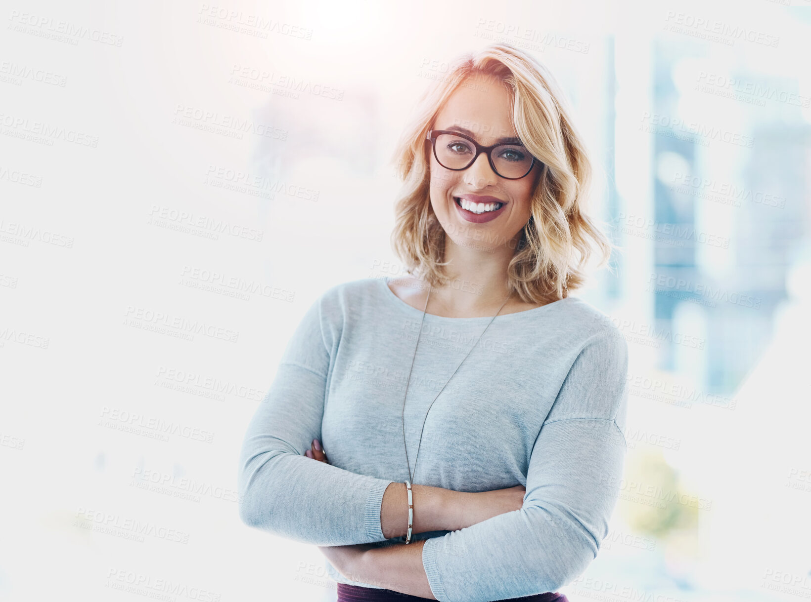 Buy stock photo Portrait, arms crossed and happy business woman in startup for career, job and pride. Face, smile and confident entrepreneur in glasses, professional and creative digital strategist in Switzerland