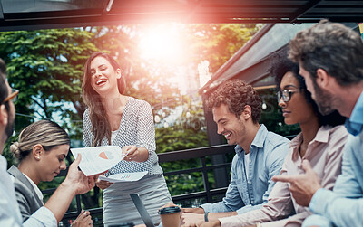 Buy stock photo Meeting, paperwork and woman for presentation, laugh and boardroom with nature and trees. Seminar, workshop and rainforest protection council, businesspeople and conversation for training policies