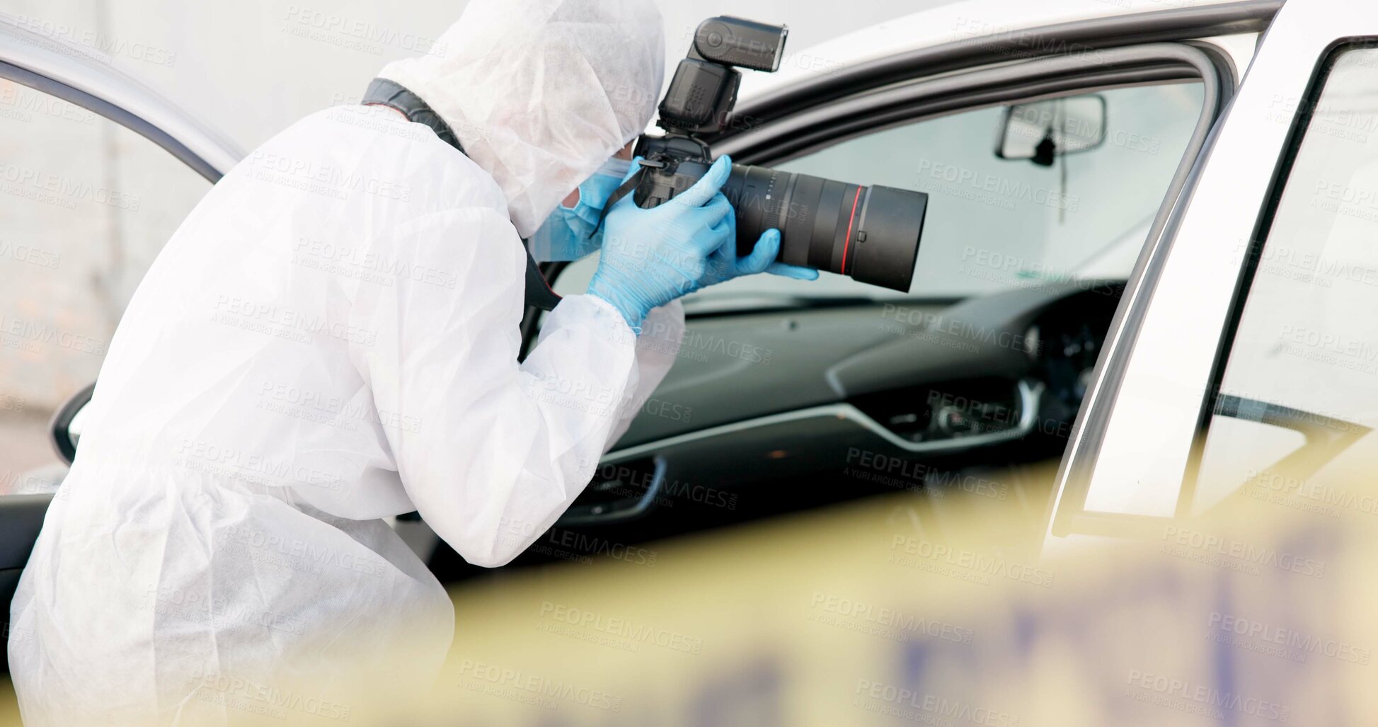Buy stock photo Car, crime scene and forensic photographer with pictures for evidence in court, working and investigation. Adult, person and employee for police department, professional and protection suit for DNA